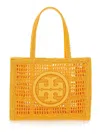 TORY BURCH 'ELLA' ORANGE SHOPPER WITH WOVEN DESIGN AND EMBROIDERED LOGO ON THE FRONT