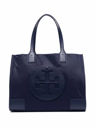 Tory Burch 'ella' Small Recycled Nylon Shopping Bag With Front Logo In Blue