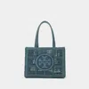 Tory Burch 'ella' Blue Shopper With Woven Design And Embroidered Logo On The Front In Blue
