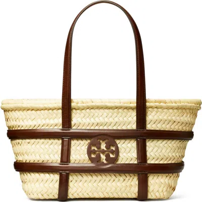 Tory Burch Small Ella Shopping Bag In Straw Classic Leather Color In Brown