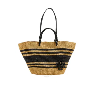 Tory Burch Ella Striped Straw & Leather Tote Bag In Beige