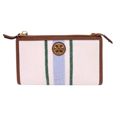 Pre-owned Tory Burch Ella Striped Canvas Crossbody Bag In Gray