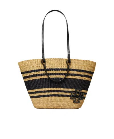 Tory Burch Ella Striped Raffia Tote Bag In Black