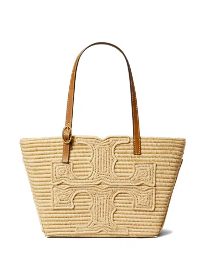 Tory Burch Ella Structured Straw Small Tote Natural In Brown
