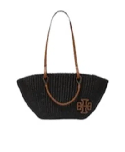 Tory Burch Ella Woven Raffia Tote Bag In Black