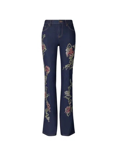 Tory Burch Embroidered Crystal-embellished Denim Straight-leg Jeans In Blue