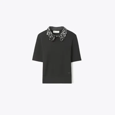 Tory Burch Embellished Collar Short-sleeve Top In Black
