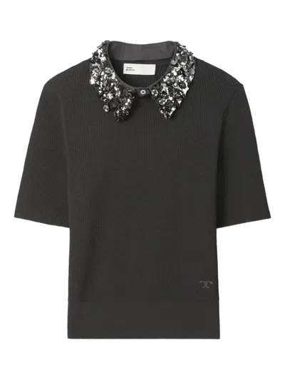 TORY BURCH EMBELLISHED-COLLAR SHORT-SLEEVE TOP
