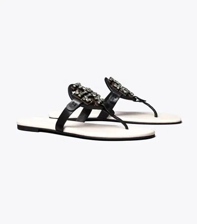 Pre-owned Tory Burch Embellished Crystal Miller Leather Sandal Black Ivory Us 9.5 $298