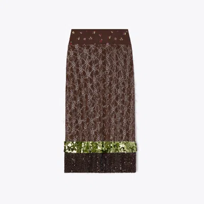 Tory Burch Embellished Lace Skirt In Brown