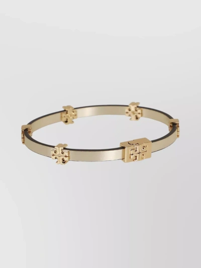 Tory Burch Embellished Leather Bracelet With Metallic Accents In Beige