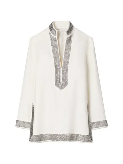 Tory Burch Embellished Linen Tunic In Neutral
