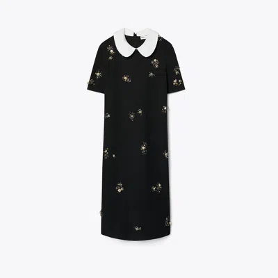 Tory Burch Embellished Poplin Collar Sweater Dress In Black