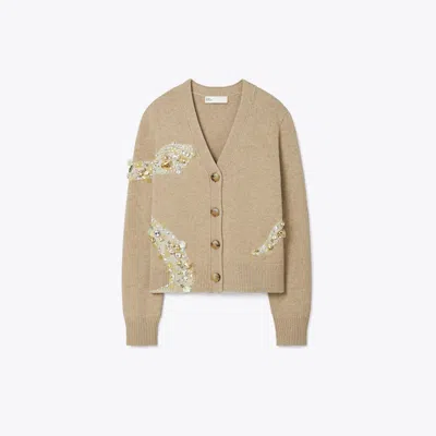 Tory Burch Embellished Snake Cardigan In Oatmeal Melange