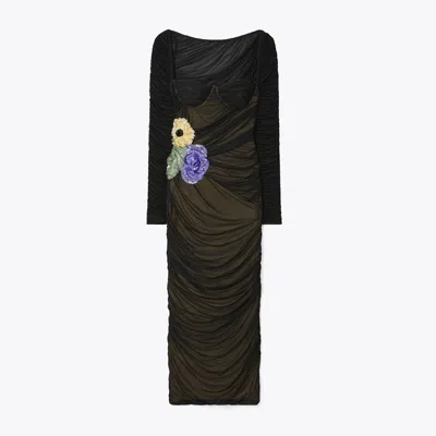 Tory Burch Embellished Viscose Ruched Dress In Black