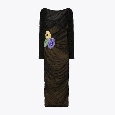 Tory Burch Embellished Viscose Ruched Dress In Black