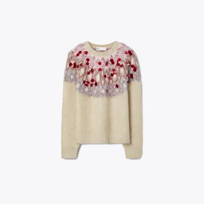 Tory Burch Embellished Wool Sweater In Beige Stone/mulberry Wine