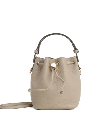 Tory Burch Embossed-crest Leather Mini Bucket Bag In Neutral