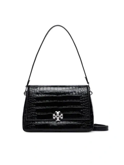Tory Burch Embossed Croc-effect Shoulder Handbag In Black