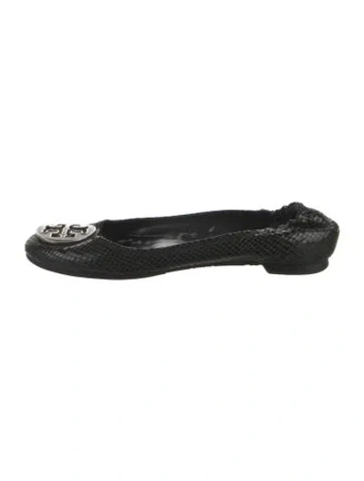 Pre-owned Tory Burch Embossed Leather Animal Print Ballet Flats In Black