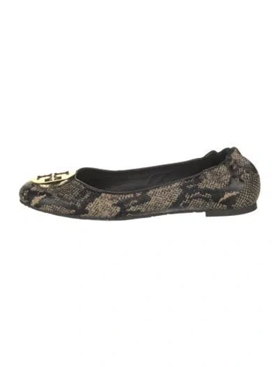 Pre-owned Tory Burch Embossed Leather Animal Print Ballet Flats In Black