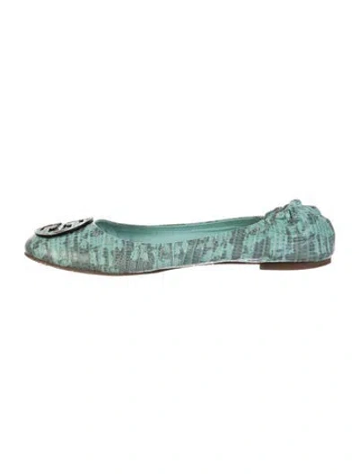 Pre-owned Tory Burch Embossed Leather Animal Print Ballet Flats In Blue