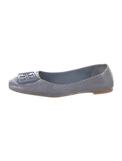 Pre-owned Tory Burch Embossed Leather Animal Print Ballet Flats In Blue