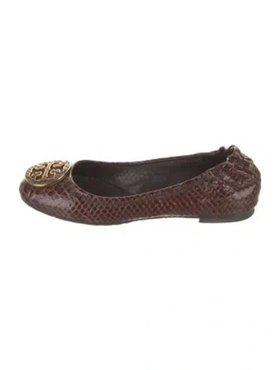 Pre-owned Tory Burch Embossed Leather Animal Print Ballet Flats In Brown