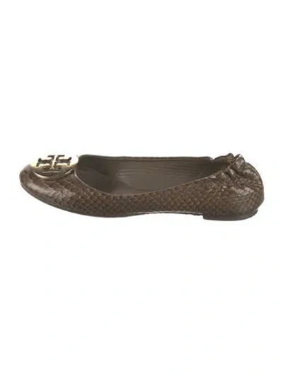 Pre-owned Tory Burch Embossed Leather Animal Print Ballet Flats In Brown
