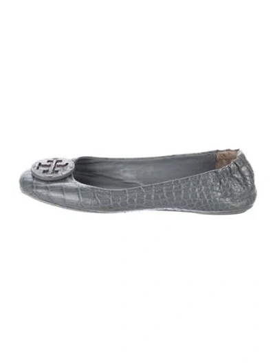 Pre-owned Tory Burch Embossed Leather Animal Print Ballet Flats In Gray
