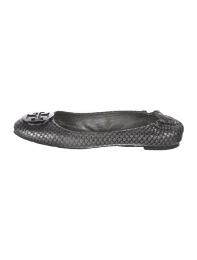 Pre-owned Tory Burch Embossed Leather Animal Print Ballet Flats In Gray