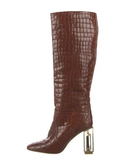 Pre-owned Tory Burch Embossed Leather Animal Print Boots In Brown