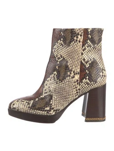 Pre-owned Tory Burch Embossed Leather Animal Print Boots In Brown