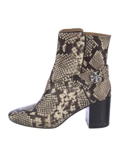 Pre-owned Tory Burch Embossed Leather Animal Print Boots In Neutrals