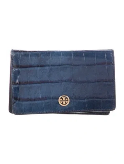 Pre-owned Tory Burch Embossed Leather Animal Print Coin Pouch In Blue