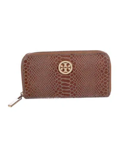 Pre-owned Tory Burch Embossed Leather Animal Print Continental Wallet In Brown