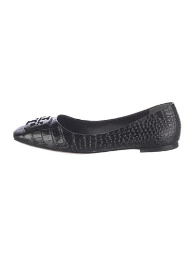 Pre-owned Tory Burch Embossed Leather Animal Print Flats In Black