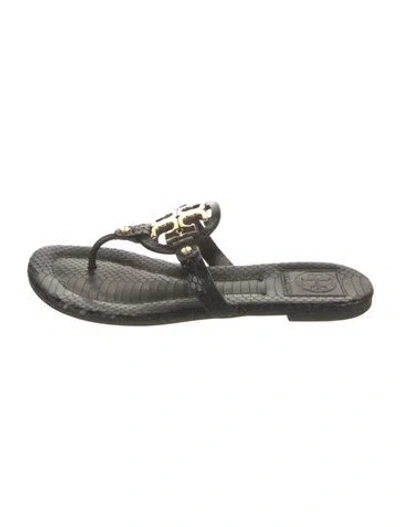 Pre-owned Tory Burch Embossed Leather Animal Print Flip Flops In Black