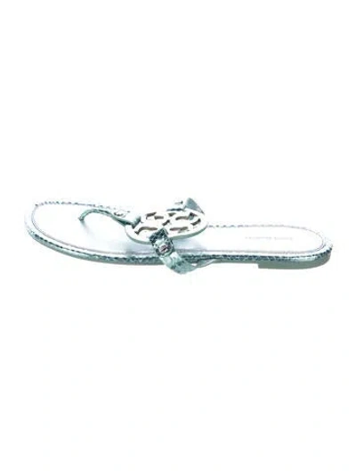Pre-owned Tory Burch Embossed Leather Animal Print Flip Flops In Blue