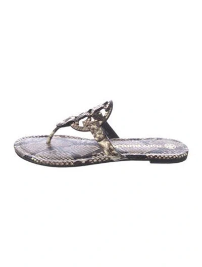 Pre-owned Tory Burch Embossed Leather Animal Print Flip Flops In Brown