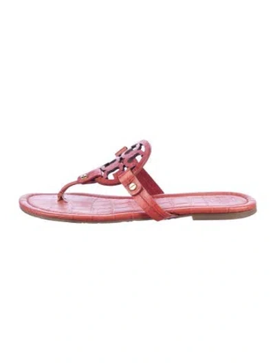 Pre-owned Tory Burch Embossed Leather Animal Print Flip Flops In Orange