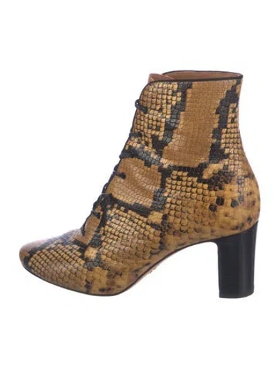 Pre-owned Tory Burch Embossed Leather Animal Print Lace-up Boots In Neutral