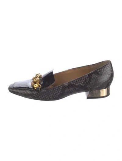 Pre-owned Tory Burch Embossed Leather Animal Print Loafers In Black