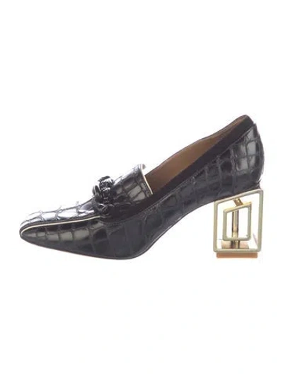 Pre-owned Tory Burch Embossed Leather Animal Print Pumps In Black
