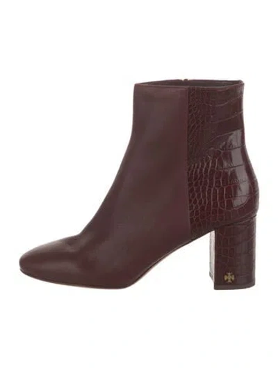 Pre-owned Tory Burch Embossed Leather Boots In Burgundy