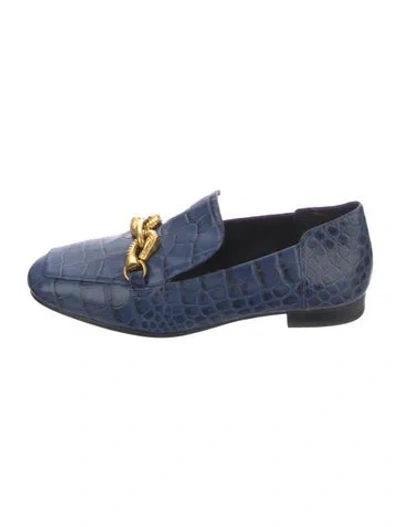Pre-owned Tory Burch Embossed Leather Chain-link Accents Loafers In Blue