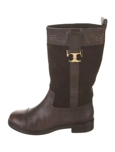 Pre-owned Tory Burch Embossed Leather Colorblock Pattern Moto Boots In Brown