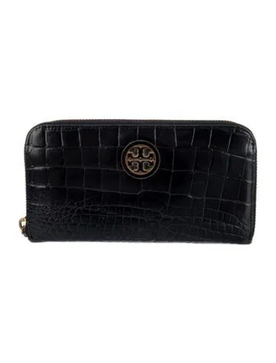 Pre-owned Tory Burch Embossed Leather Continental Wallet In Black