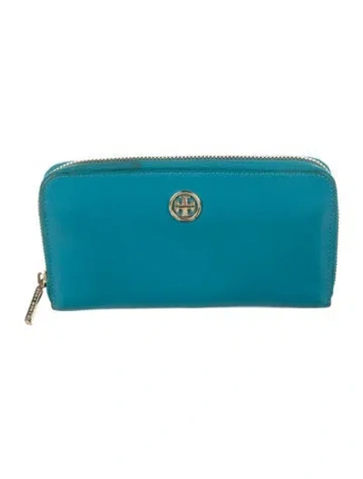Pre-owned Tory Burch Embossed Leather Continental Wallet In Blue