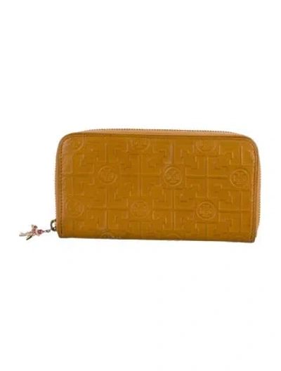 Pre-owned Tory Burch Embossed Leather Graphic Print Continental Wallet In Yellow